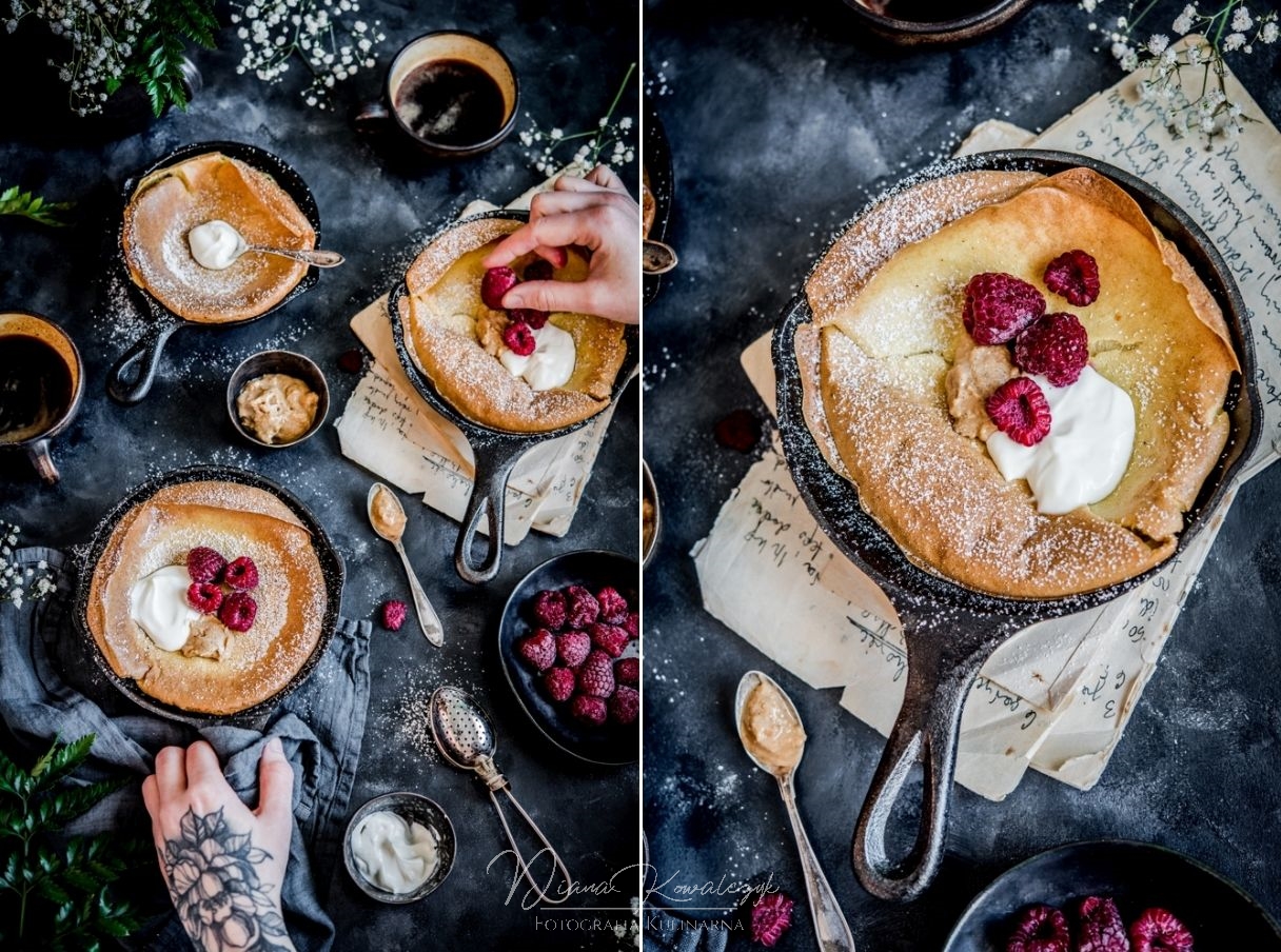 baby dutch - Waniliowy Dutch Baby z kwaśną śmietaną, malinami i masłem orzechowym