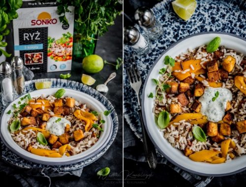 kolorowy ryz z pieczonym tofu grillowana papryka i majonezem limonkowo ziolowym 1 500x380 - Kolorowy ryż z pieczonym tofu, grillowaną papryką i majonezem limonkowo-ziołowym